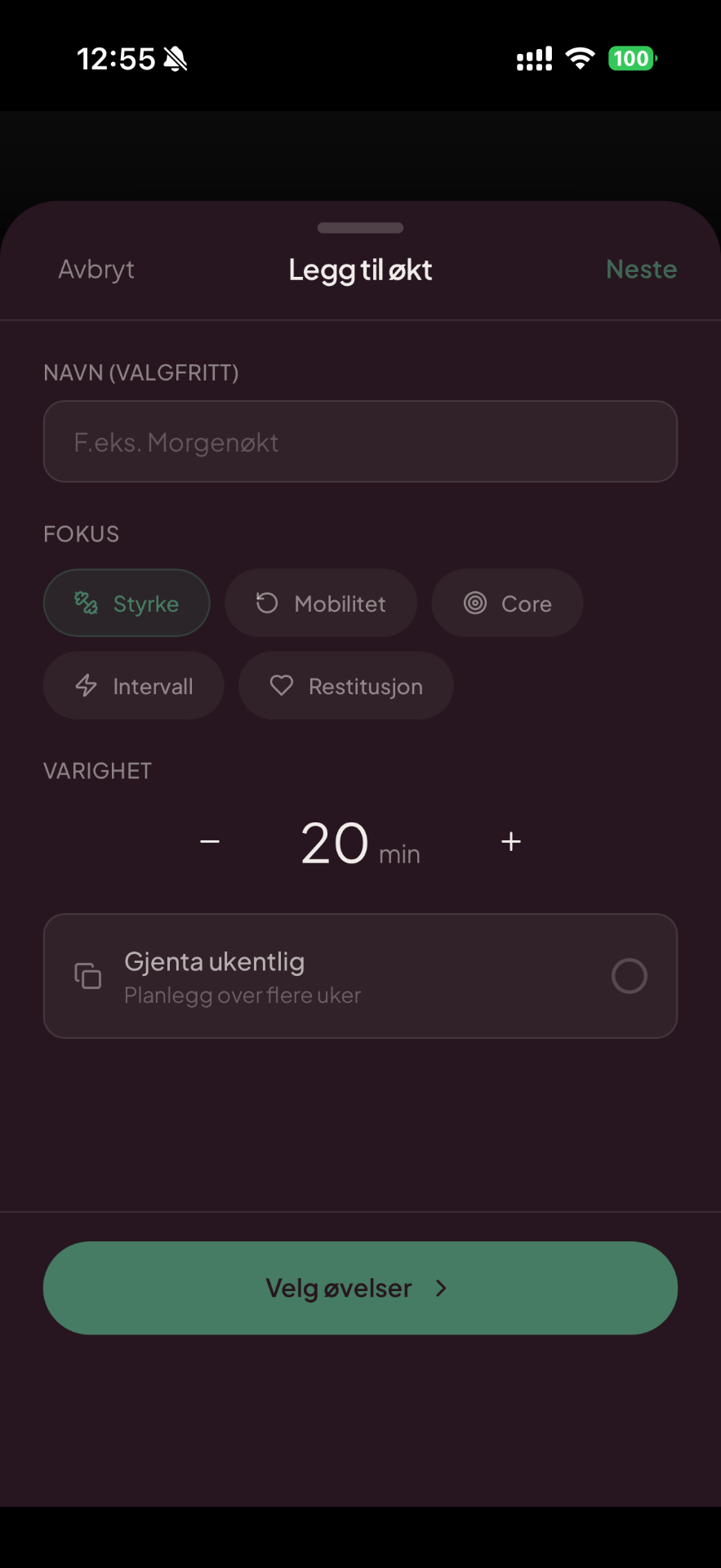 CorOptima AI-økt med fokusvalg og varighet