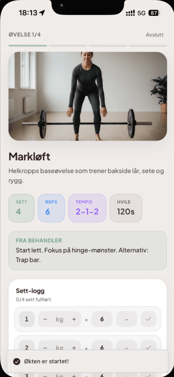 CorOptima treningsprogram med uke-oversikt og økter