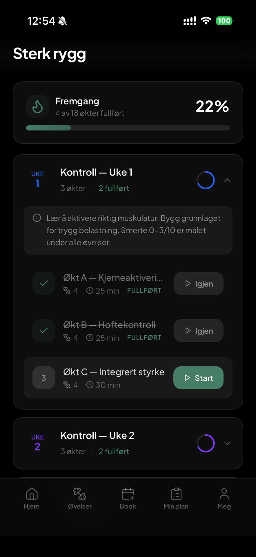 CorOptima treningsprogram med uke-oversikt og økter