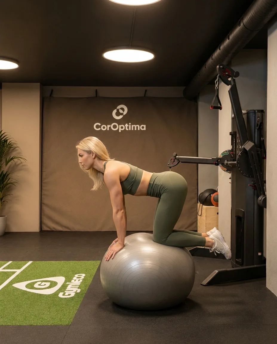 Stabilitetsøvelse på pilatesball i CorOptimas treningskjeller i Trondheim